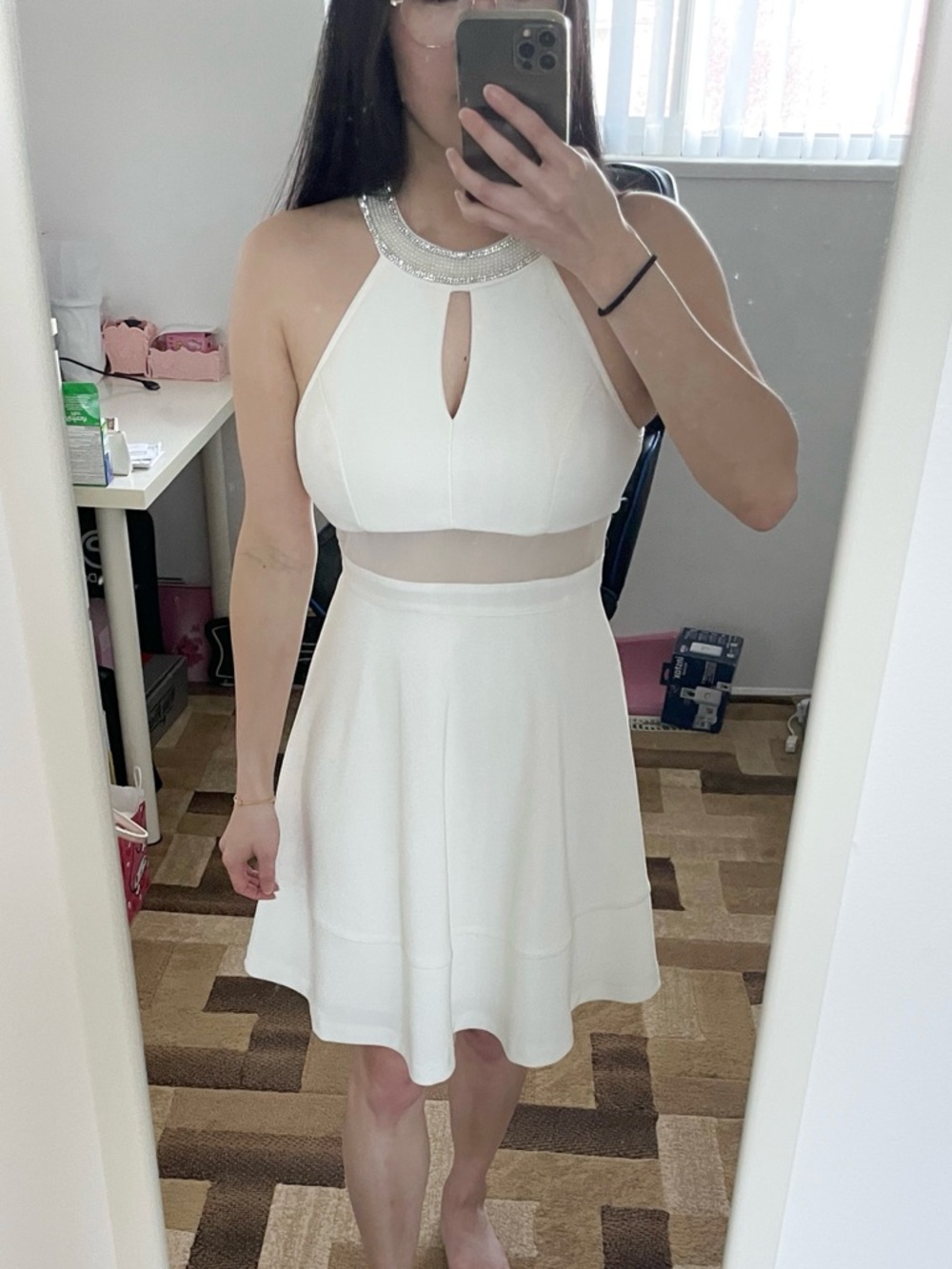 White Embellished Halter Fit & Flare Dress